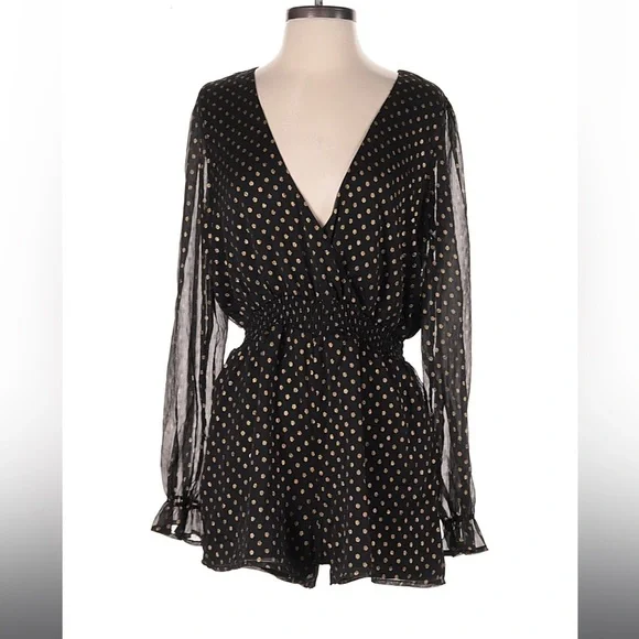 NWT Lulus Evening Gold Dot Black Chiffon Romper Medium Sheer Sleeve V-Neck - Picture 2 of 6